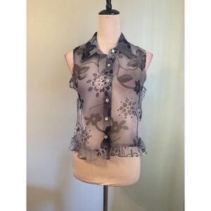 Anxiety Vintage Sheer Floral Sleeveless Button Ruffle Top Grey Black M y2k boho